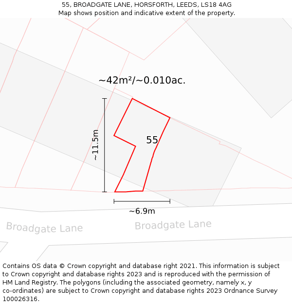 55, BROADGATE LANE, HORSFORTH, LEEDS, LS18 4AG: Plot and title map
