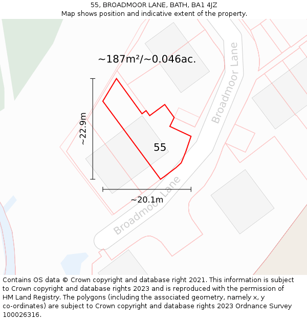 55, BROADMOOR LANE, BATH, BA1 4JZ: Plot and title map