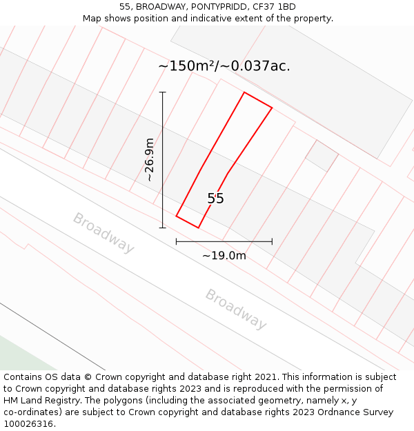 55, BROADWAY, PONTYPRIDD, CF37 1BD: Plot and title map