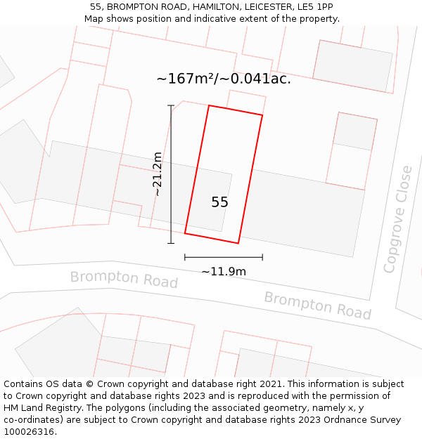 55, BROMPTON ROAD, HAMILTON, LEICESTER, LE5 1PP: Plot and title map