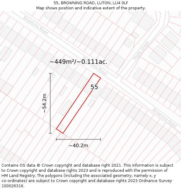 55, BROWNING ROAD, LUTON, LU4 0LF: Plot and title map