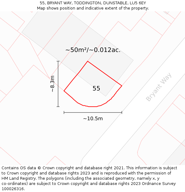 55, BRYANT WAY, TODDINGTON, DUNSTABLE, LU5 6EY: Plot and title map