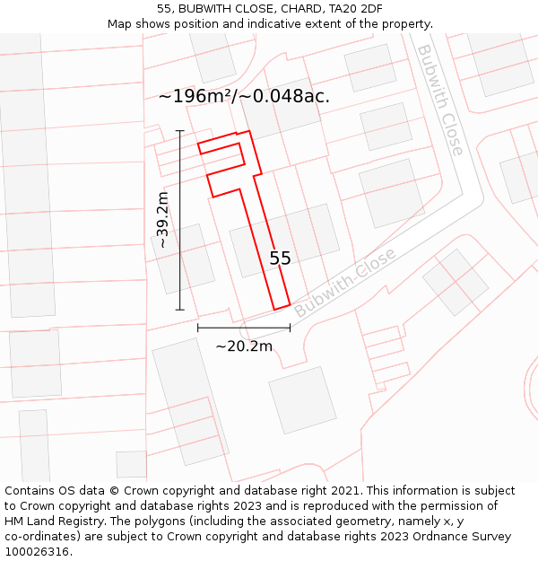 55, BUBWITH CLOSE, CHARD, TA20 2DF: Plot and title map