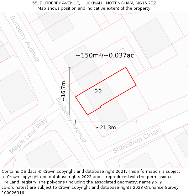 55, BURBERRY AVENUE, HUCKNALL, NOTTINGHAM, NG15 7EZ: Plot and title map
