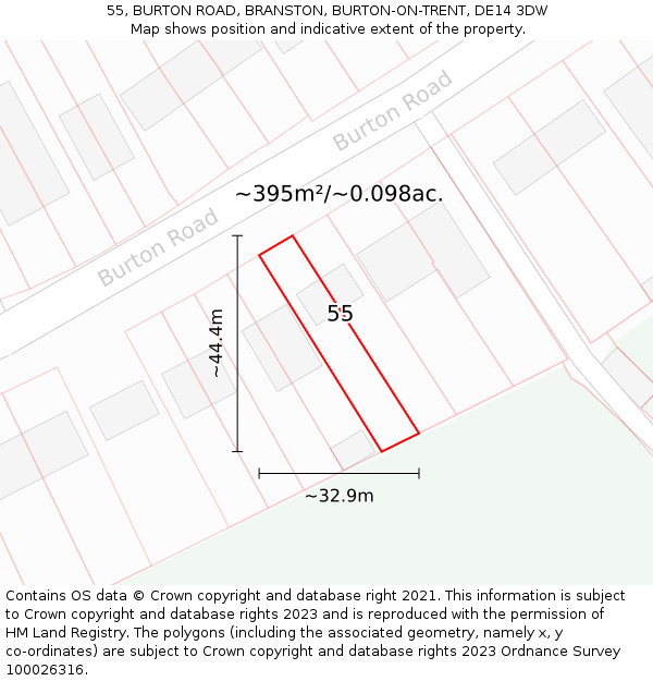 55, BURTON ROAD, BRANSTON, BURTON-ON-TRENT, DE14 3DW: Plot and title map