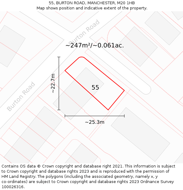 55, BURTON ROAD, MANCHESTER, M20 1HB: Plot and title map