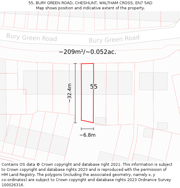 55, BURY GREEN ROAD, CHESHUNT, WALTHAM CROSS, EN7 5AD: Plot and title map