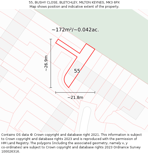 55, BUSHY CLOSE, BLETCHLEY, MILTON KEYNES, MK3 6PX: Plot and title map