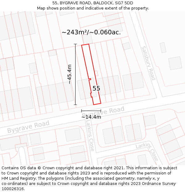 55, BYGRAVE ROAD, BALDOCK, SG7 5DD: Plot and title map