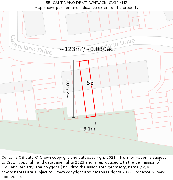 55, CAMPRIANO DRIVE, WARWICK, CV34 4NZ: Plot and title map
