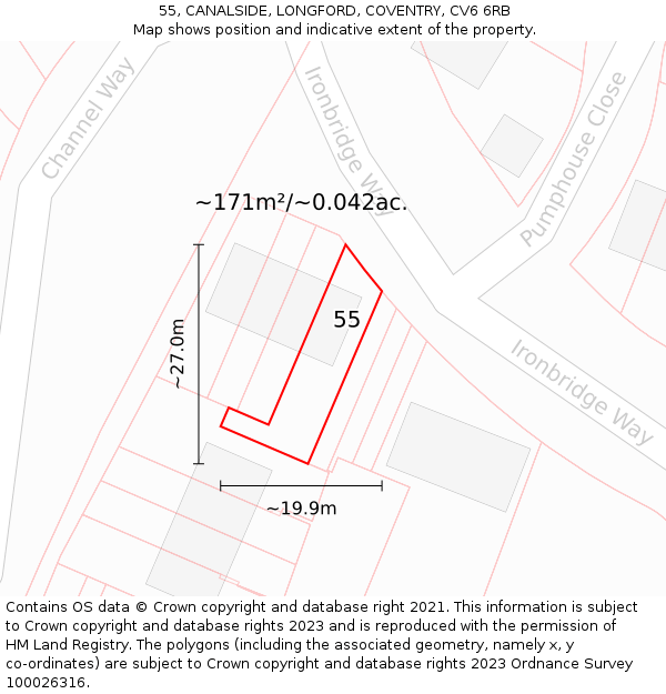 55, CANALSIDE, LONGFORD, COVENTRY, CV6 6RB: Plot and title map