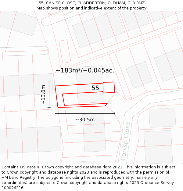 55, CANISP CLOSE, CHADDERTON, OLDHAM, OL9 0NZ: Plot and title map