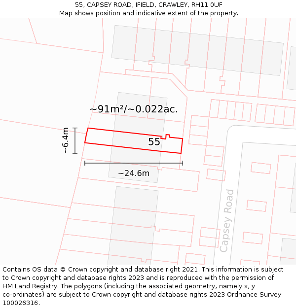 55, CAPSEY ROAD, IFIELD, CRAWLEY, RH11 0UF: Plot and title map