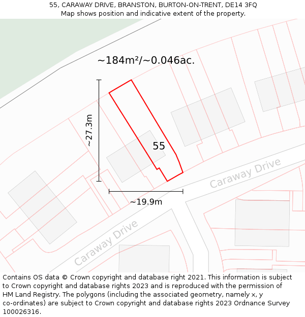 55, CARAWAY DRIVE, BRANSTON, BURTON-ON-TRENT, DE14 3FQ: Plot and title map