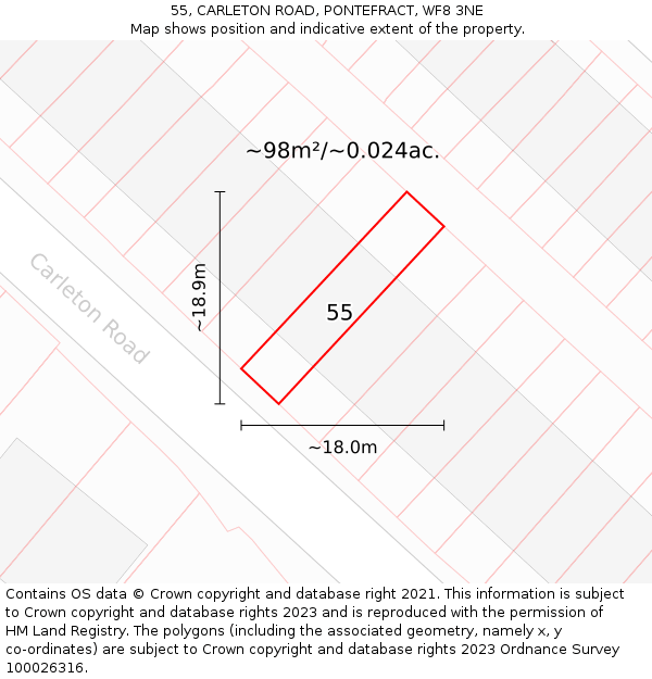 55, CARLETON ROAD, PONTEFRACT, WF8 3NE: Plot and title map