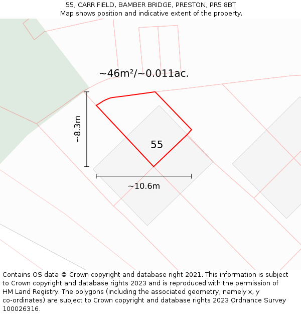 55, CARR FIELD, BAMBER BRIDGE, PRESTON, PR5 8BT: Plot and title map
