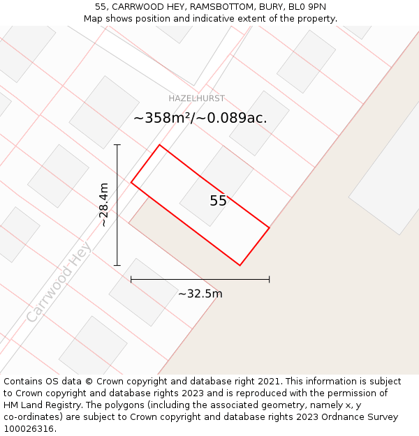 55, CARRWOOD HEY, RAMSBOTTOM, BURY, BL0 9PN: Plot and title map