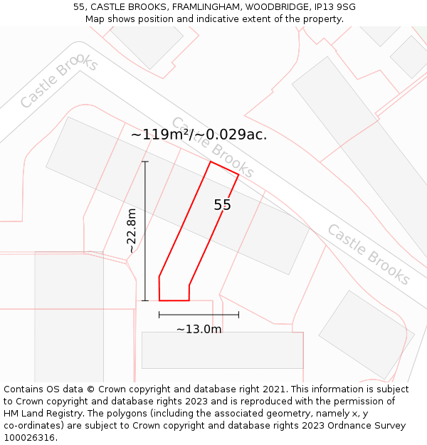 55, CASTLE BROOKS, FRAMLINGHAM, WOODBRIDGE, IP13 9SG: Plot and title map