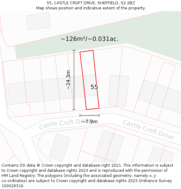 55, CASTLE CROFT DRIVE, SHEFFIELD, S2 2BZ: Plot and title map