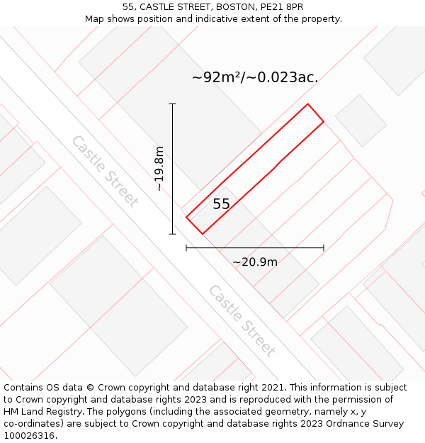 55, CASTLE STREET, BOSTON, PE21 8PR: Plot and title map