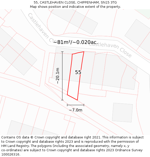 55, CASTLEHAVEN CLOSE, CHIPPENHAM, SN15 3TG: Plot and title map