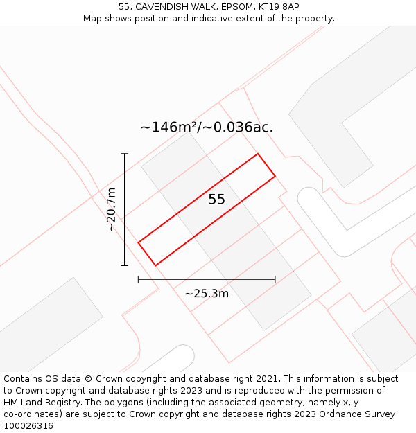 55, CAVENDISH WALK, EPSOM, KT19 8AP: Plot and title map