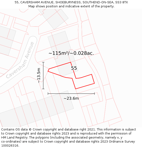 55, CAVERSHAM AVENUE, SHOEBURYNESS, SOUTHEND-ON-SEA, SS3 8TX: Plot and title map