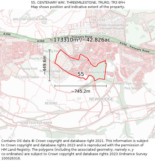 55, CENTENARY WAY, THREEMILESTONE, TRURO, TR3 6FH: Plot and title map