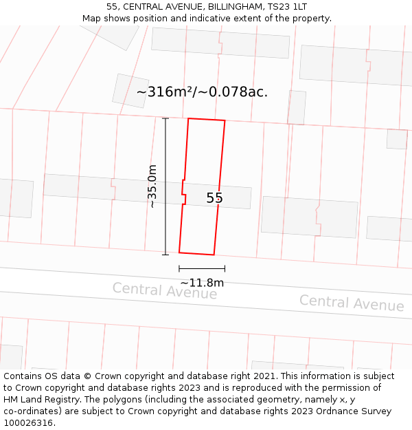 55, CENTRAL AVENUE, BILLINGHAM, TS23 1LT: Plot and title map