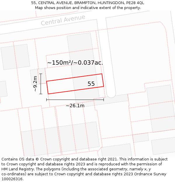 55, CENTRAL AVENUE, BRAMPTON, HUNTINGDON, PE28 4QL: Plot and title map