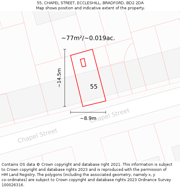 55, CHAPEL STREET, ECCLESHILL, BRADFORD, BD2 2DA: Plot and title map