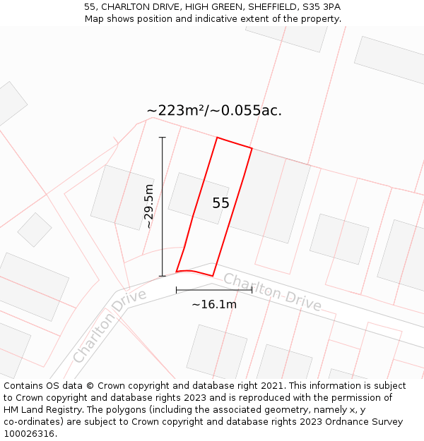55, CHARLTON DRIVE, HIGH GREEN, SHEFFIELD, S35 3PA: Plot and title map