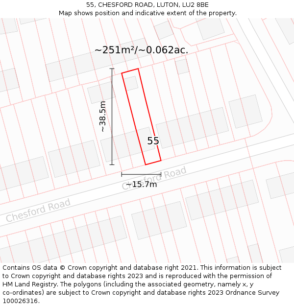 55, CHESFORD ROAD, LUTON, LU2 8BE: Plot and title map