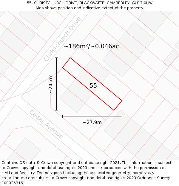 55, CHRISTCHURCH DRIVE, BLACKWATER, CAMBERLEY, GU17 0HW: Plot and title map