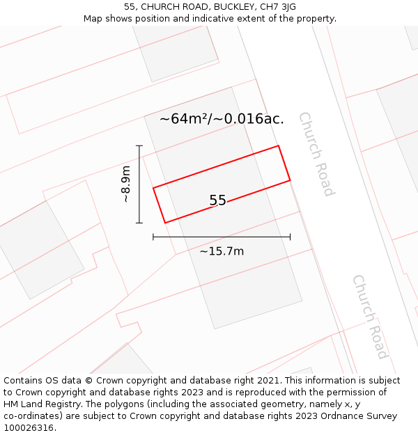 55, CHURCH ROAD, BUCKLEY, CH7 3JG: Plot and title map