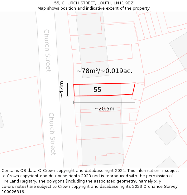 55, CHURCH STREET, LOUTH, LN11 9BZ: Plot and title map