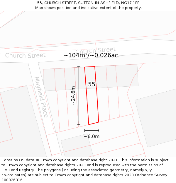 55, CHURCH STREET, SUTTON-IN-ASHFIELD, NG17 1FE: Plot and title map