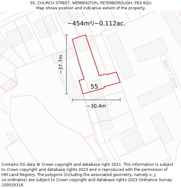 55, CHURCH STREET, WERRINGTON, PETERBOROUGH, PE4 6QU: Plot and title map
