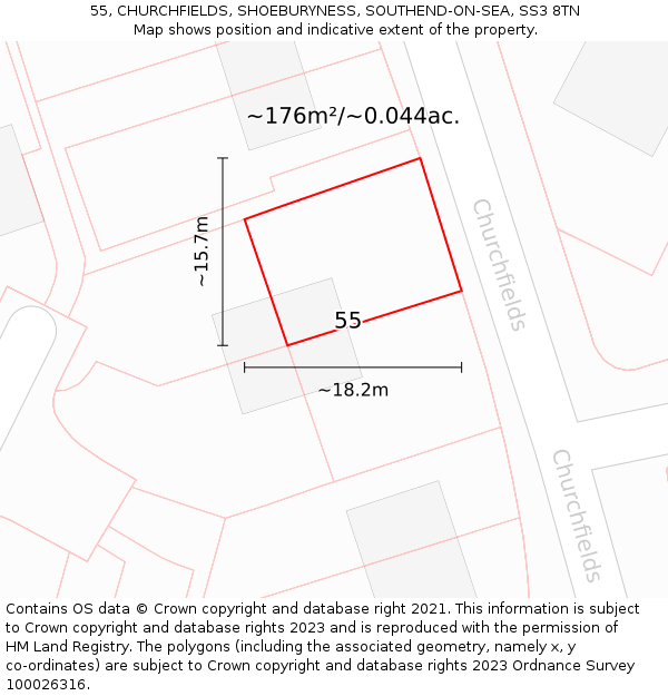 55, CHURCHFIELDS, SHOEBURYNESS, SOUTHEND-ON-SEA, SS3 8TN: Plot and title map