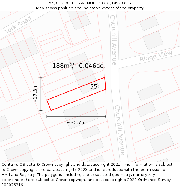 55, CHURCHILL AVENUE, BRIGG, DN20 8DY: Plot and title map