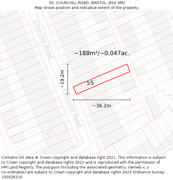 55, CHURCHILL ROAD, BRISTOL, BS4 3RN: Plot and title map