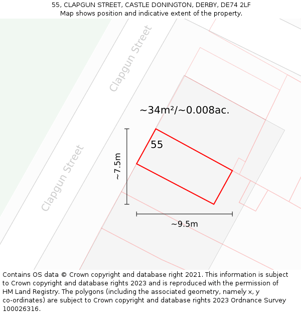 55, CLAPGUN STREET, CASTLE DONINGTON, DERBY, DE74 2LF: Plot and title map