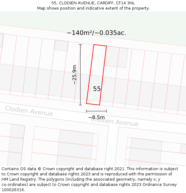 55, CLODIEN AVENUE, CARDIFF, CF14 3NL: Plot and title map