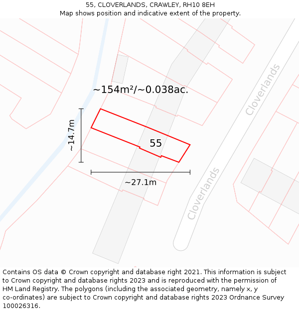 55, CLOVERLANDS, CRAWLEY, RH10 8EH: Plot and title map