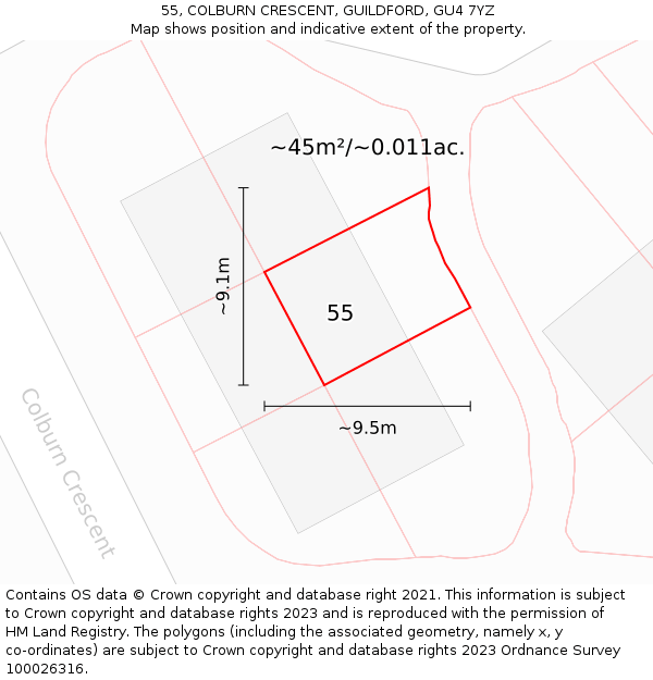 55, COLBURN CRESCENT, GUILDFORD, GU4 7YZ: Plot and title map