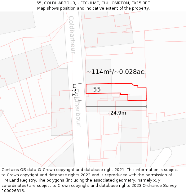 55, COLDHARBOUR, UFFCULME, CULLOMPTON, EX15 3EE: Plot and title map