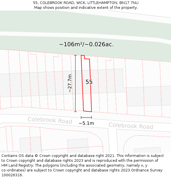 55, COLEBROOK ROAD, WICK, LITTLEHAMPTON, BN17 7NU: Plot and title map