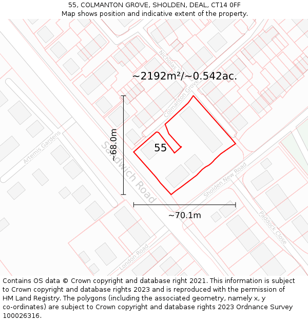 55, COLMANTON GROVE, SHOLDEN, DEAL, CT14 0FF: Plot and title map