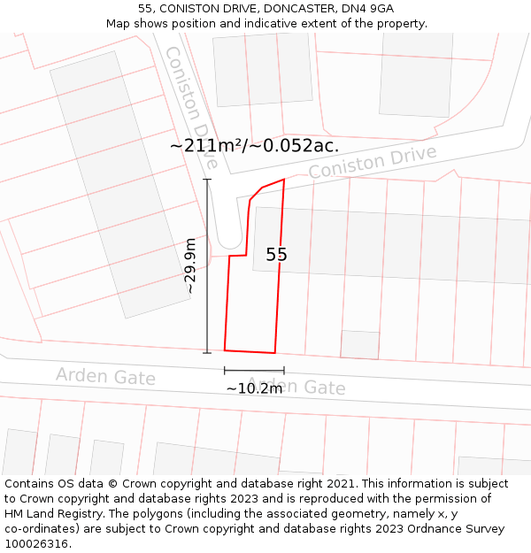 55, CONISTON DRIVE, DONCASTER, DN4 9GA: Plot and title map