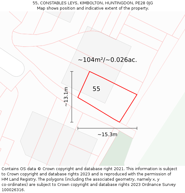 55, CONSTABLES LEYS, KIMBOLTON, HUNTINGDON, PE28 0JG: Plot and title map